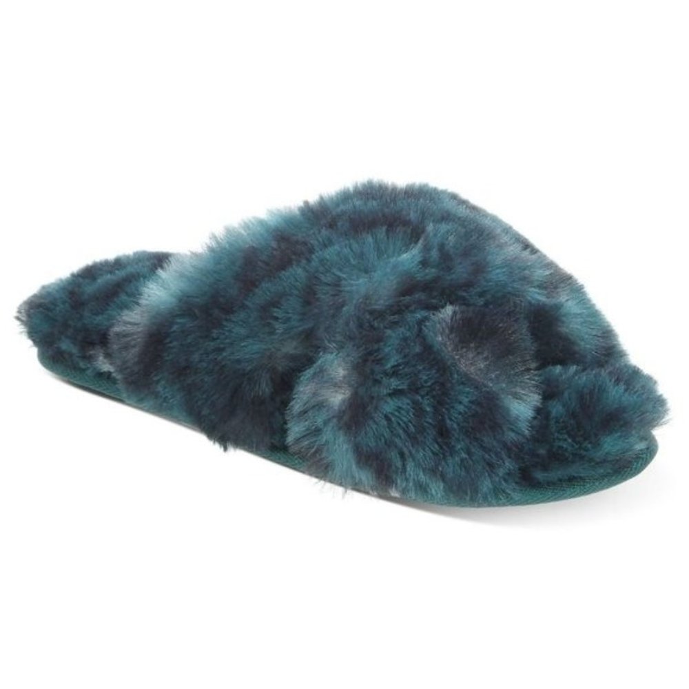 JENNI Women's Crisscross Faux Fur Slide Boxed Slippers Funky Leo NWT